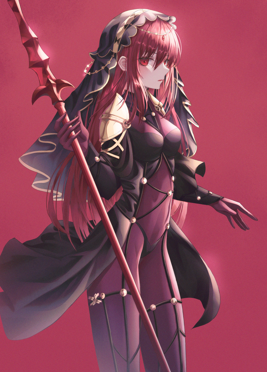 1girl absurdres bodysuit breasts breasts_apart cowboy_shot fate/grand_order fate_(series) gae_bolg hair_between_eyes highres holding holding_spear holding_weapon hongsung0819 huge_filesize long_hair looking_at_viewer medium_breasts parted_lips polearm purple_bodysuit red_background red_eyes redhead scathach_(fate)_(all) scathach_(fate/grand_order) shiny shiny_hair simple_background soles spear standing very_long_hair weapon
