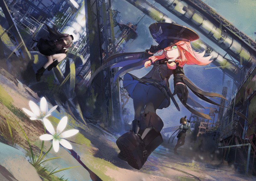 3girls 88_flak_(ash_arms) ash_arms boots dutch_angle factory full_body gloves green_eyes halfway hat highres long_hair looking_at_viewer maus_(ash_arms) military military_hat military_uniform multiple_girls pantyhose redhead ruins sheath sheathed standing uniform weapon