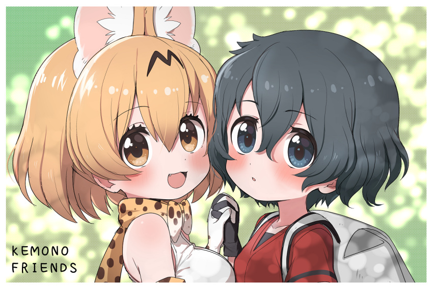 2girls animal_ears backpack bag bare_shoulders black_gloves black_hair blonde_hair blue_eyes blush bow bowtie commentary copyright_name elbow_gloves extra_ears eyebrows_visible_through_hair fang gloves holding_hands kaban_(kemono_friends) kemono_friends multiple_girls no_hat no_headwear open_mouth print_neckwear ransusan red_shirt serval_(kemono_friends) serval_ears serval_girl serval_print shirt short_hair short_sleeves sleeveless t-shirt white_shirt yellow_eyes