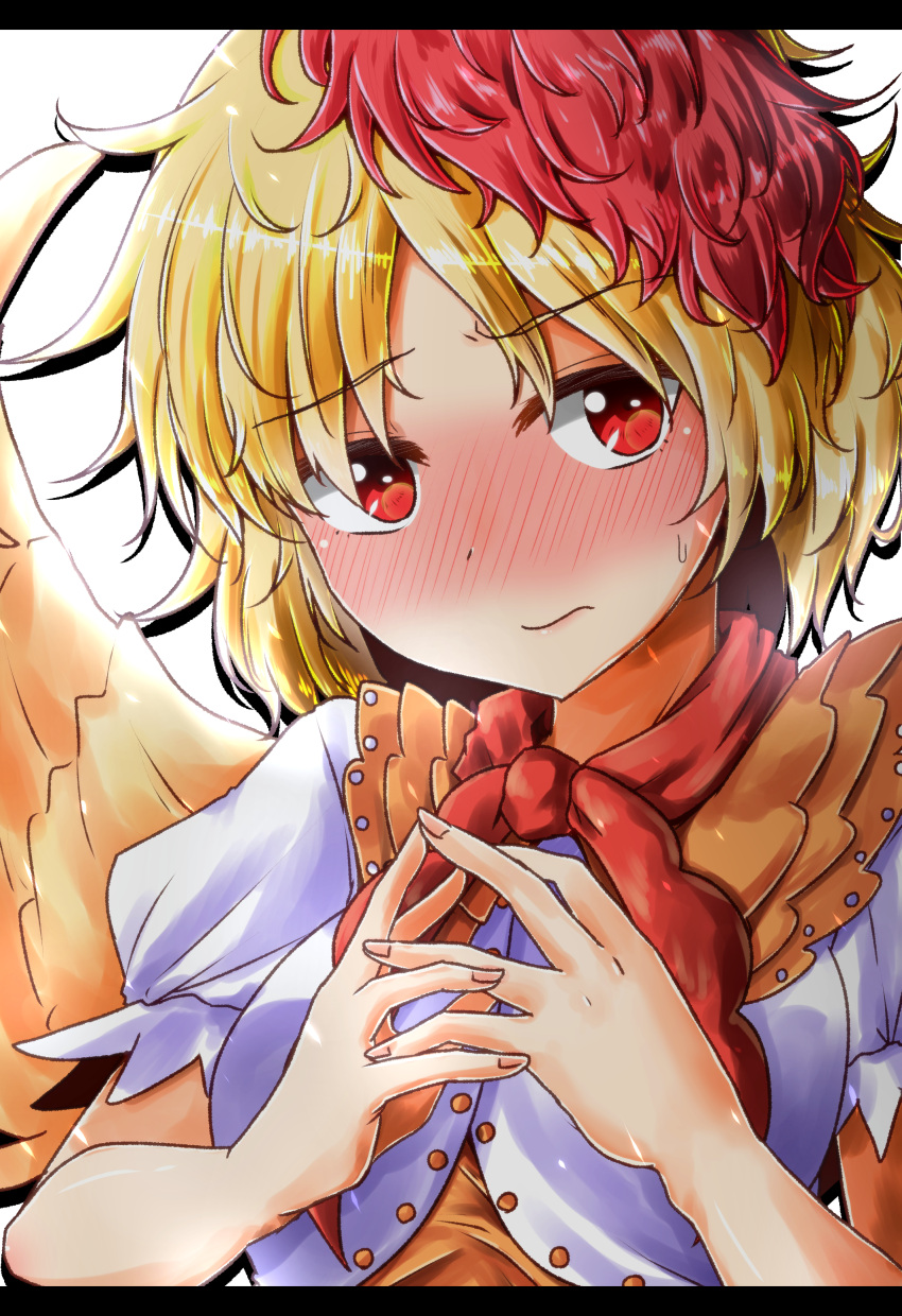 1girl absurdres blonde_hair blush commentary_request eyebrows_visible_through_hair fingers_together highres letterboxed looking_at_viewer multicolored_hair neckerchief niwatari_kutaka oshiaki puffy_short_sleeves puffy_sleeves red_eyes redhead short_hair short_sleeves solo sweatdrop touhou two-tone_hair upper_body white_background wings