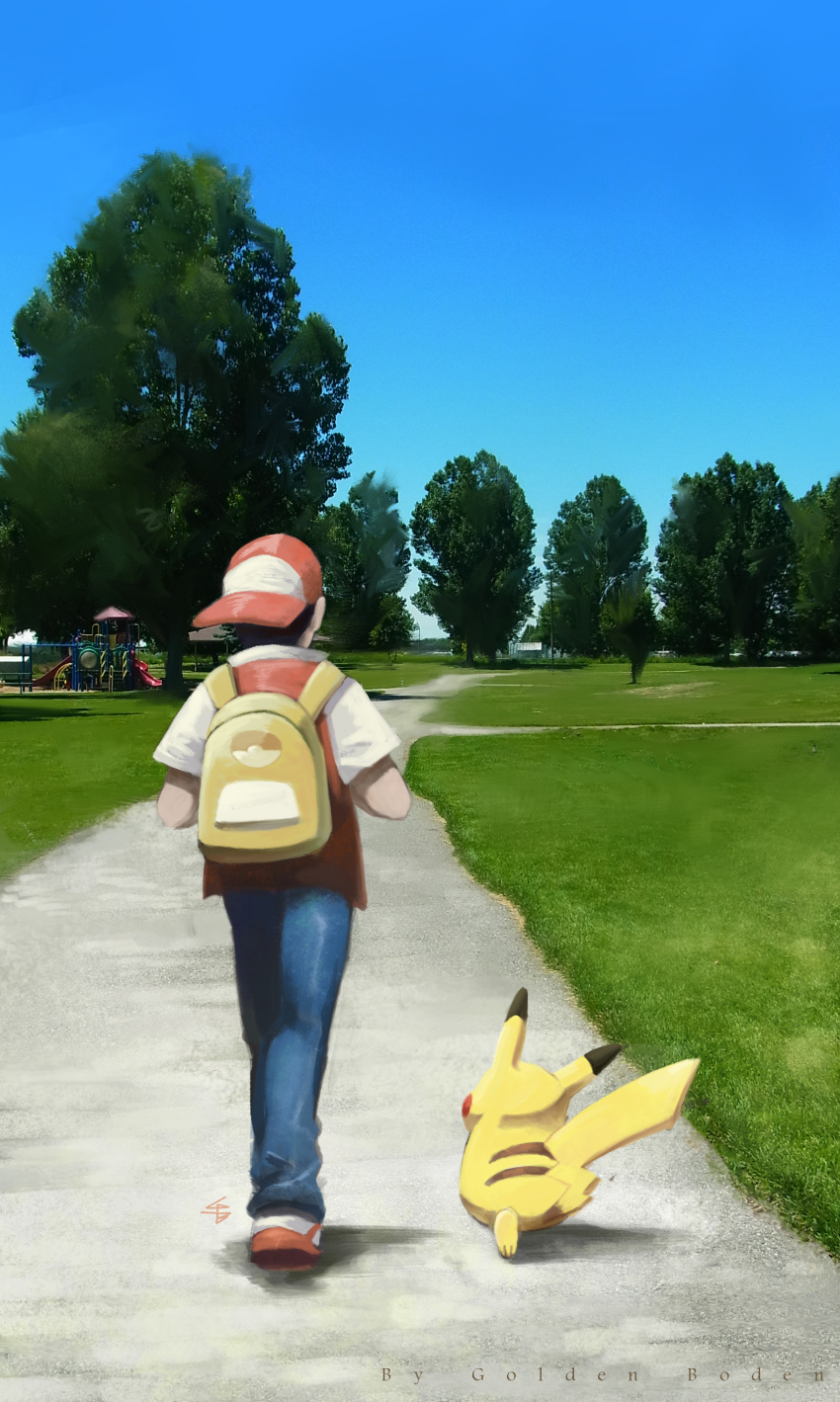 1boy absurdres backpack backwards_hat bag baseball_cap black_hair blue_sky commentary_request creature day from_behind gen_1_pokemon golden_boden grass hat highres male_focus pants photo_background pikachu poke_ball_print pokemon pokemon_(creature) pokemon_(game) pokemon_rgby red_(pokemon) roas shirt sky tree walking