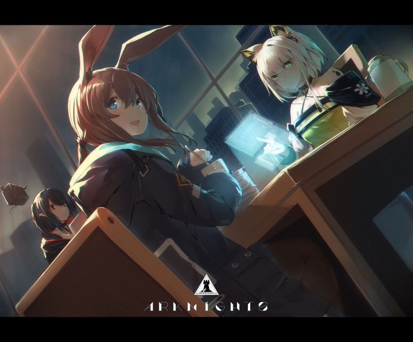 3girls :d amiya_(arknights) animal_ears arknights bare_shoulders black_hair black_jacket blue_eyes brown_hair brown_legwear cat_ears chair choker cityscape closure_(arknights) commentary_request copyright_name cup dress dutch_angle green_dress green_eyes holding holding_cup holographic_interface hood hood_down hooded_jacket indoors jacket kal'tsit letterboxed long_hair looking_at_viewer looking_back mag_(mag42) multiple_girls off-shoulder_dress off_shoulder open_mouth pantyhose pointy_ears rabbit_ears red_eyes short_hair silver_hair sitting smile table window