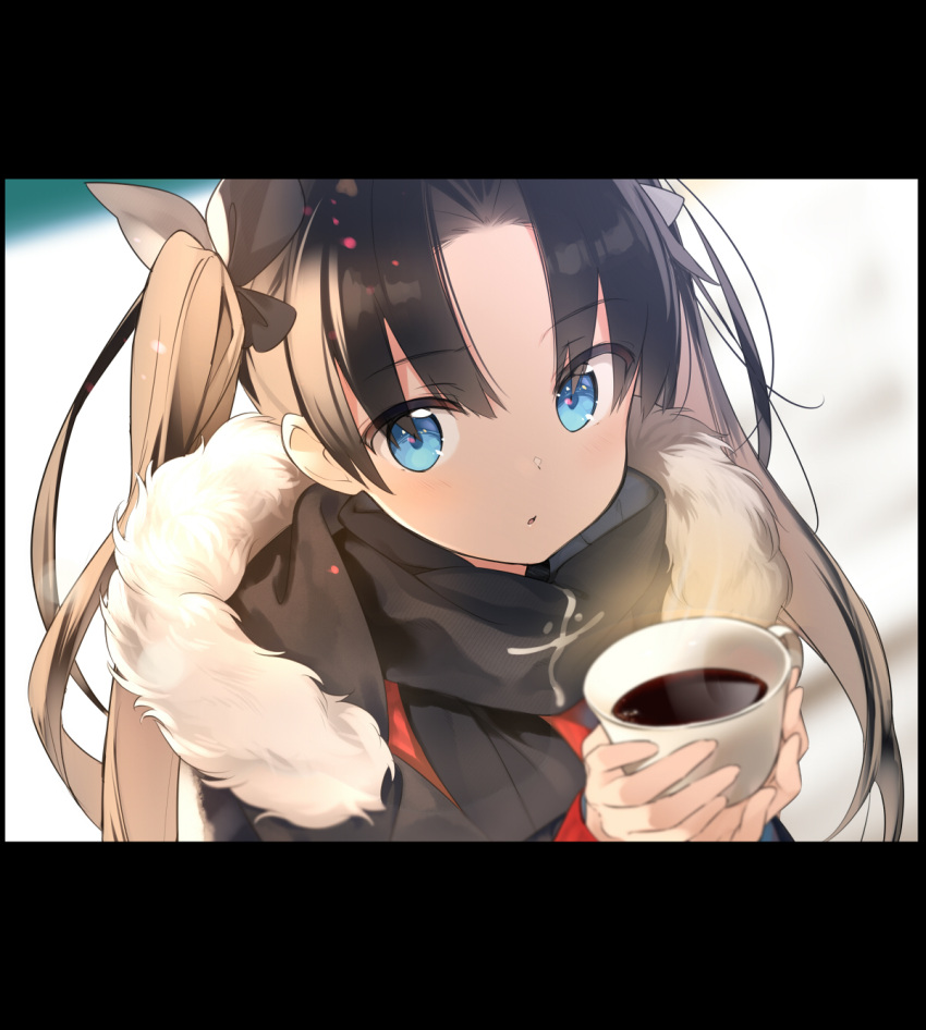 1girl black_border black_hair blue_eyes border coffee coffee_mug cup fate/stay_night fate_(series) highres letterboxed long_hair mug sama toosaka_rin twintails