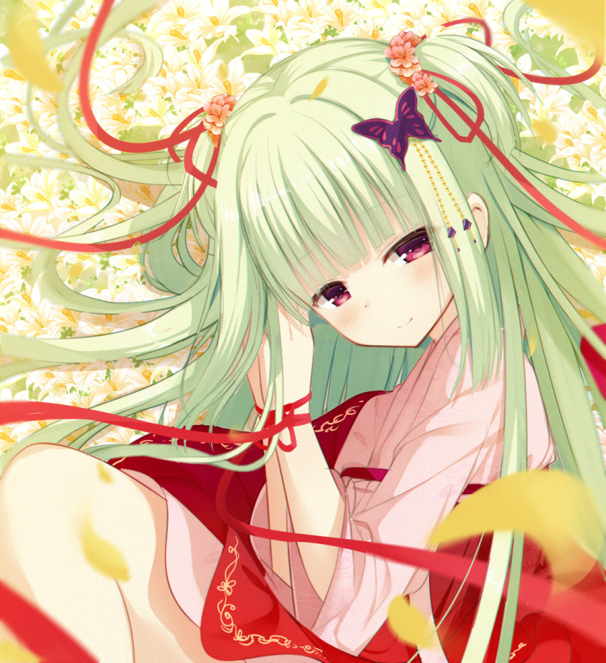1girl bangs blunt_bangs blush brown_flower butterfly_hair_ornament cariboy closed_mouth commentary eyebrows_visible_through_hair flower green_hair hair_flower hair_ornament hair_ribbon hands_up highres japanese_clothes kimono long_hair murasame_(senren) red_eyes red_ribbon ribbon senren_banka smile solo symbol_commentary two_side_up white_flower white_kimono wide_sleeves
