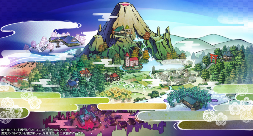bamboo bamboo_forest blue_sky building clock clock_tower clouds commentary_request day eientei flower forest former_capital garden_of_the_sun gensoukyou hakugyokurou hakurei_shrine hill human_village_(touhou) misty_lake moriya_shrine nature no_humans outdoors scarlet_devil_mansion scenery shrine sky sunflower syuri22 torii touhou touhou_spell_bobble tower volcano water waterfall