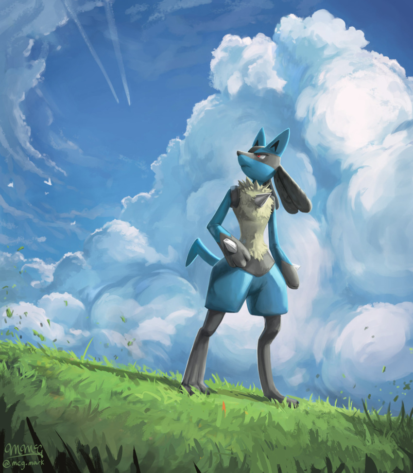 blue_sky clouds cloudy_sky creature day full_body gen_4_pokemon grass highres looking_away looking_to_the_side lucario mcgmark no_humans pokemon pokemon_(creature) red_eyes scenery signature sky solo standing
