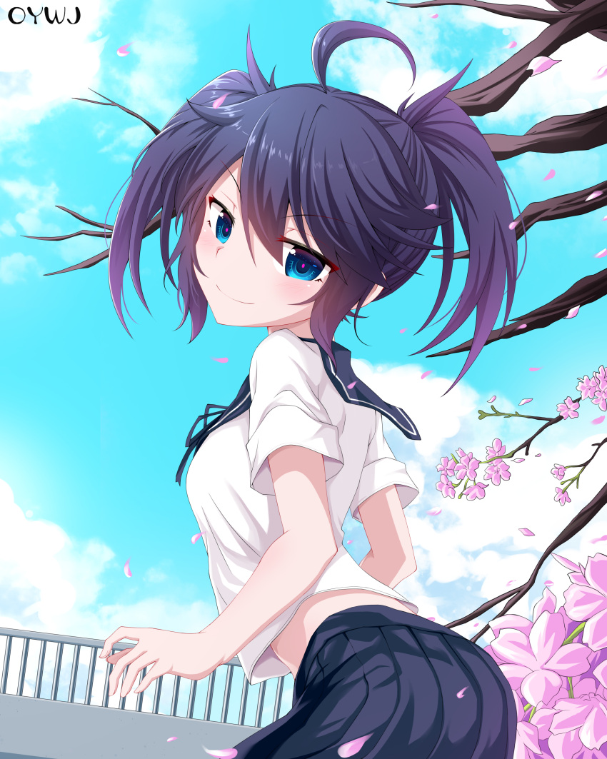1girl absurdres ahoge bangs black_ribbon black_rock_shooter black_rock_shooter_(character) black_sailor_collar black_skirt blue_eyes blue_hair blue_sky cherry_blossoms closed_mouth clouds day eyebrows_visible_through_hair flower from_side gradient_hair hair_between_eyes highres looking_at_viewer medium_hair multicolored_hair neck_ribbon outdoors oywj pink_flower pleated_skirt purple_hair ribbon sailor_collar shiny shiny_hair shirt short_sleeves skirt sky smile solo white_shirt