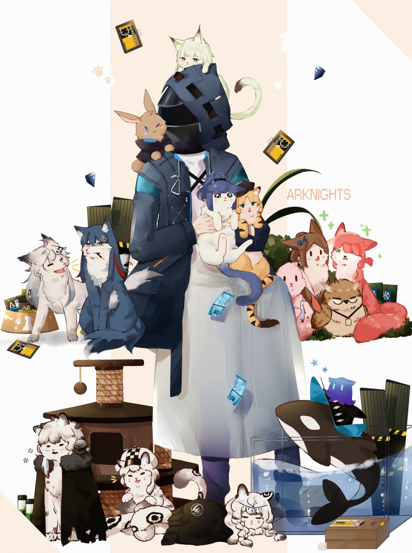 :3 ;3 absurdres amiya_(arknights) anger_vein animal animal_on_head animal_on_shoulder animalization arknights bird black_jacket blue_eyes box brown_eyes brush cat character_request cliffheart_(arknights) clothed_animal commentary_request doctor_(arknights) dog food food_bowl glasses green_eyes hair_ribbon hat highres holding holding_animal holding_pocky hood hooded_jacket jacket jessica_(arknights) lappland_(arknights) leopard long_sleeves lying on_head one_eye_closed open_clothes open_jacket orca owl pocky pramanix_(arknights) rabbit ribbon semi-rimless_eyewear silverash_(arknights) sitting sleeping star tagme texas_(arknights) under-rim_eyewear water zhen_oto