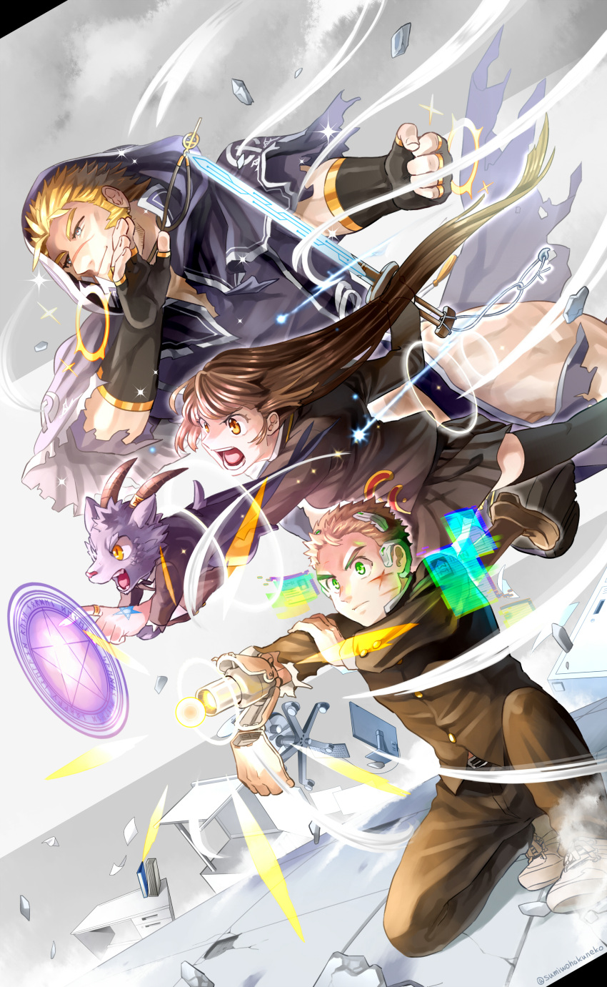 1girl 2boys absurdres bangs beard blonde_hair breasts brown_hair character_request chest dress facial_hair fighting_stance highres jacob_(tokyo_houkago_summoners) jewelry long_hair master_2_(tokyo_houkago_summoners) multiple_boys muscle necklace open_mouth simple_background smile sumi_wo_hakuneko thighs tokyo_houkago_summoners weapon