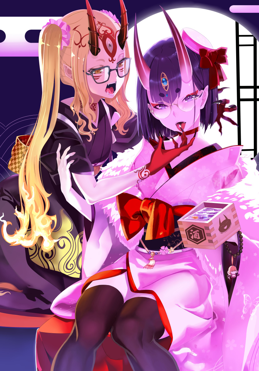2girls absurdres alcohol bespectacled character_doll commentary_request craft_essence dress_for_demons egasumi facial_mark fate/grand_order fate_(series) fingernails forehead_mark glasses highres horns ibaraki_douji_(fate/grand_order) japanese_clothes kimono masu multiple_girls official_art oni oni_horns pointy_ears purple_hair purple_kimono sakata_kintoki_(fate/grand_order) sake shaka_p sharp_fingernails short_hair shuten_douji_(fate/grand_order) skin-covered_horns tattoo yellow_eyes yellow_kimono