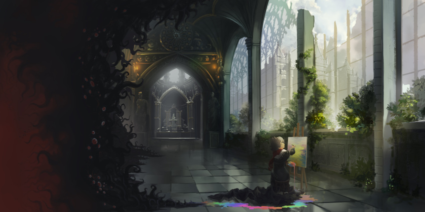 1girl absurdres altar arch architecture arknights black_dress broken_window brown_hair cathedral clouds darkness deepcolor_(arknights) dress eyes foliage gothic_architecture green_eyes highres la_manche looking_away marble messy_hair paint paint_splatter painting painting_(object) scarf sky smile statue sunlight tentacles tile_floor tiles