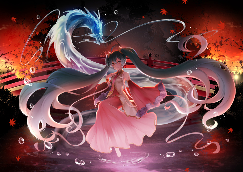 absurdly_long_hair aqua_eyes aqua_hair autumn_leaves backlighting bare_shoulders barefoot bridge commentary detached_sleeves dragon hair_ornament hand_on_own_chest hatsune_miku highres japanese_clothes kyoto leaf leaves_in_wind long_hair long_skirt looking_at_viewer mamo_(fortune-mm) maple_leaf necktie night pink_neckwear pink_skirt pink_sleeves ripples river shirt shoulder_tattoo skirt smile tattoo twintails very_long_hair vocaloid water_drop white_shirt whorled_clouds wide_shot wide_sleeves