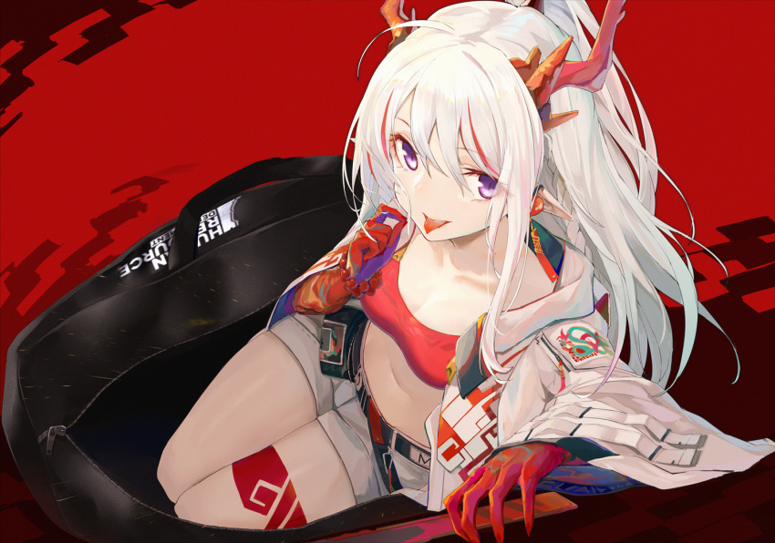 1girl arknights bag bandeau bead_bracelet beads belt belt_pouch bracelet braid breasts duffel_bag horns jacket jewelry long_hair long_sleeves looking_at_viewer mag_(mag42) midriff multicolored_hair navel nian_(arknights) open_clothes open_jacket pointy_ears ponytail pouch red_background short_shorts shorts sidelocks silver_hair small_breasts solo streaked_hair thighs tongue tongue_out violet_eyes white_jacket white_shorts wide_sleeves