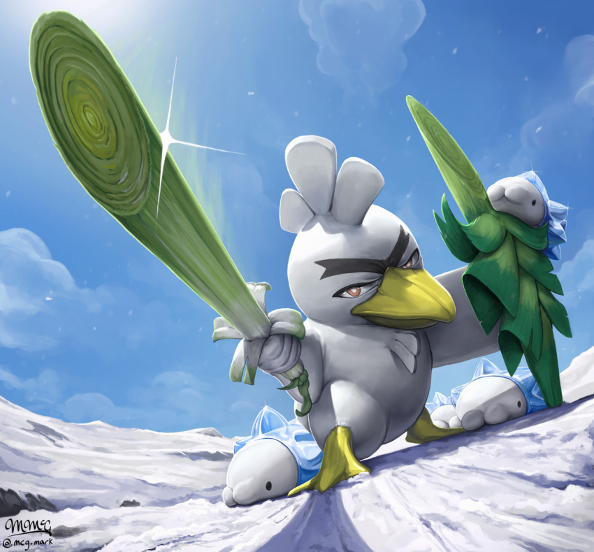 bird blue_sky brown_eyes clouds commentary creature day english_commentary eyebrows full_body gen_8_pokemon holding holding_sword holding_weapon legs_apart mcgmark no_humans pokemon pokemon_(creature) serious shield signature sirfetch'd sky snom snow standing sword weapon