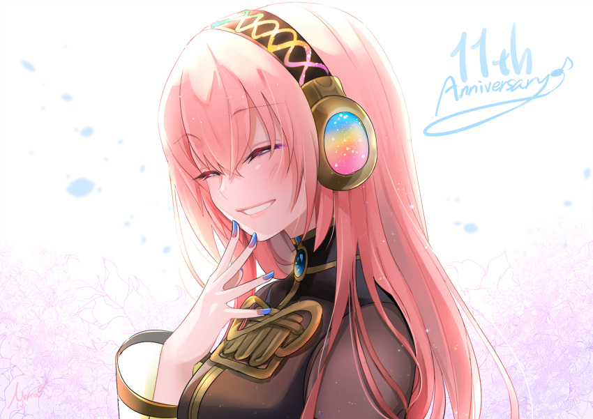 1girl anniversary black_shirt blue_nails closed_eyes commentary eighth_note gold_trim grin hand_on_own_chin hand_up headphones long_hair mamo_(fortune-mm) megurine_luka musical_note nail_polish pink_hair rainbow shirt signature smile solo upper_body vocaloid