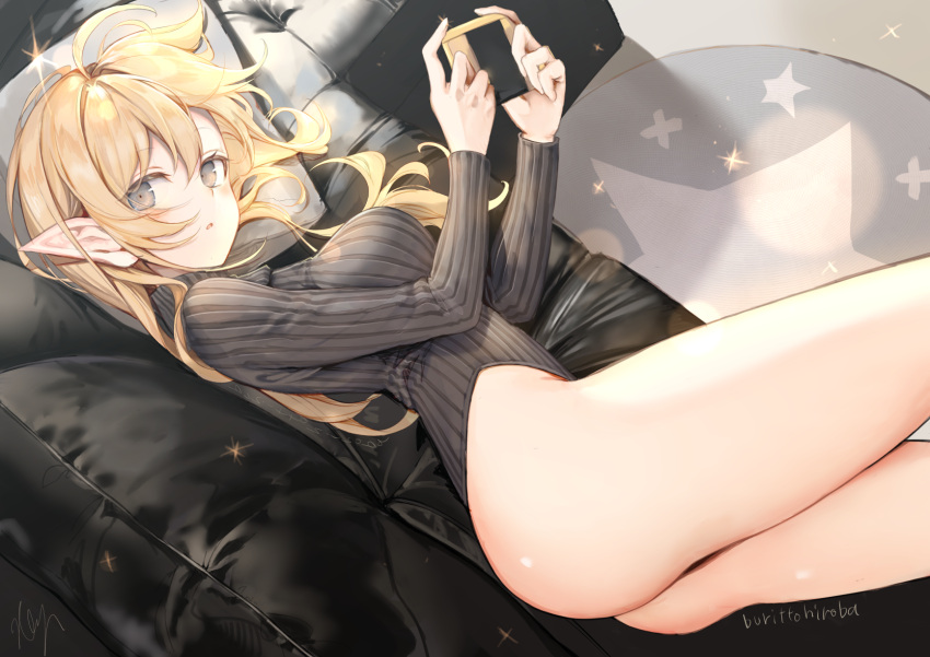 1girl ahoge artist_name ass black_leotard blonde_hair blush breasts brown_eyes card carpet commentary_request couch elf from_above handheld_game_console highres holding kouyafu leotard long_hair long_sleeves looking_at_viewer lying medium_breasts on_couch on_side original parted_lips pillow playing_card pointy_ears signature solo sparkle star thighs turtleneck_leotard