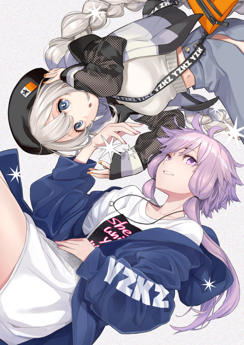 2girls bag bangs black_headwear blue_eyes blue_jacket braid breasts brown_nails character_name cherico clothes_writing collarbone commentary_request eyebrows_visible_through_hair grey_shirt grey_skirt hair_between_eyes hat highres hood hood_down hooded_jacket jacket jewelry kizuna_akari large_breasts long_hair looking_at_viewer midriff multiple_girls nail_polish navel open_clothes open_jacket parted_lips pendant purple_hair red_nails shirt shoulder_bag skirt sleeves_past_wrists striped very_long_hair violet_eyes vocaloid voiceroid white_jacket white_shirt yuzuki_yukari
