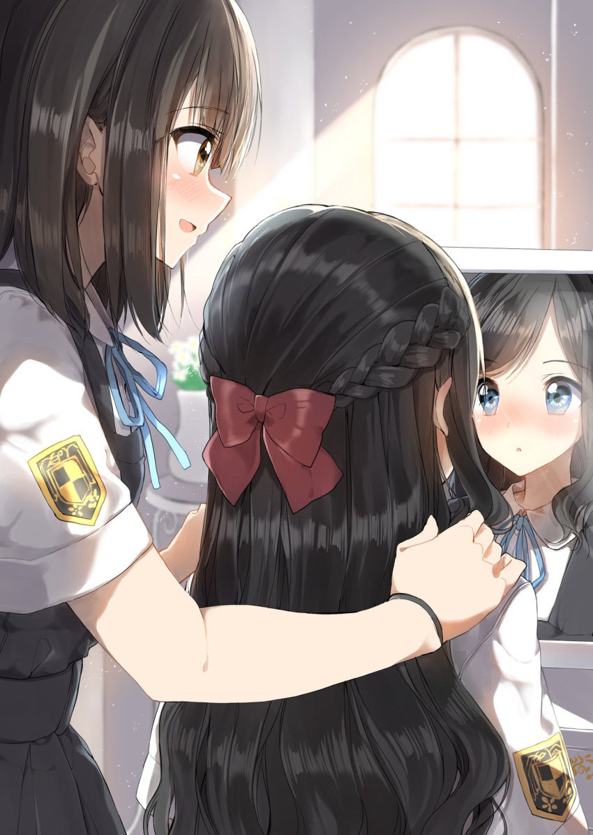 2girls :d bangs black_dress black_hair blue_eyes blue_ribbon blurry blurry_background blush bow braid brown_eyes collared_shirt depth_of_field dress eyebrows_visible_through_hair hair_between_eyes hair_bow hands_on_another's_shoulders highres indoors long_hair looking_at_mirror mirror multiple_girls neck_ribbon nose_blush open_mouth original parted_lips pentagon_(railgun_ky1206) pinafore_dress pleated_dress profile red_bow reflection ribbon school_uniform shirt short_sleeves sleeveless sleeveless_dress smile sunlight swept_bangs wavy_hair white_shirt window