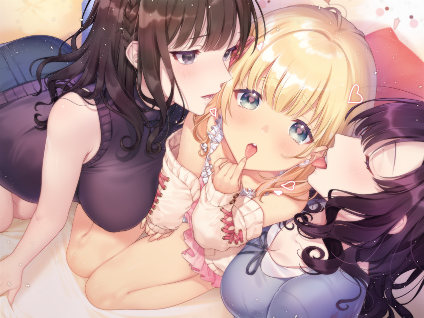 3girls aqua_eyes bangs black_hair blonde_hair blue_skirt blush breasts earphones finger_to_mouth hair_ribbon heart heart-shaped_pupils large_breasts long_hair looking_at_another looking_at_viewer multiple_girls off_shoulder official_art open_mouth original pink_skirt purple_hair purple_shirt purple_sweater ribbon shirt sidelocks skirt small_breasts sourenkio sweater sweater_vest symbol-shaped_pupils thighs tongue tongue_out violet_eyes wavy_hair