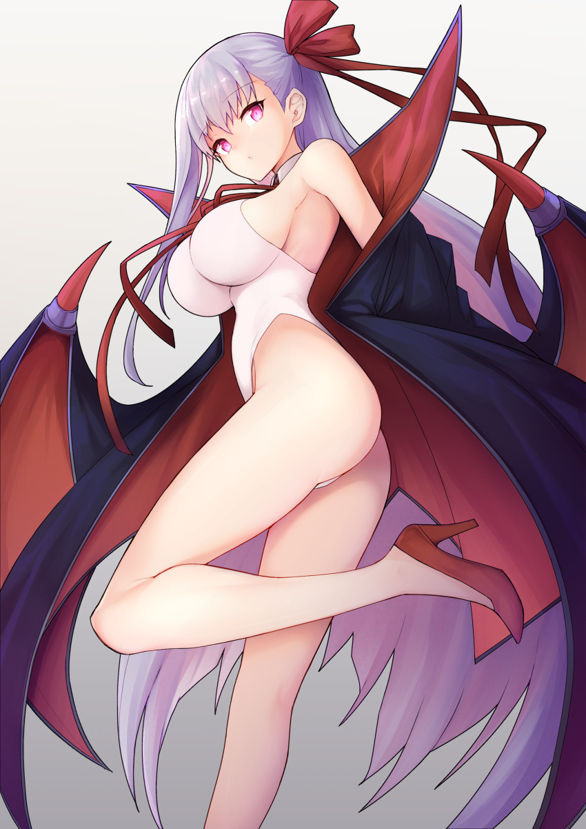 1girl absurdres ass bare_shoulders bb_(fate)_(all) bb_(swimsuit_mooncancer)_(fate) breasts closed_mouth demon_wings eyebrows_visible_through_hair fate/grand_order fate_(series) gradient gradient_background hair_ribbon high_heels highleg highleg_swimsuit highres large_breasts legs long_hair looking_at_viewer one-piece_swimsuit paid_reward purple_hair ribbon robe simple_background solo swimsuit very_long_hair violet_eyes waero white_swimsuit wings