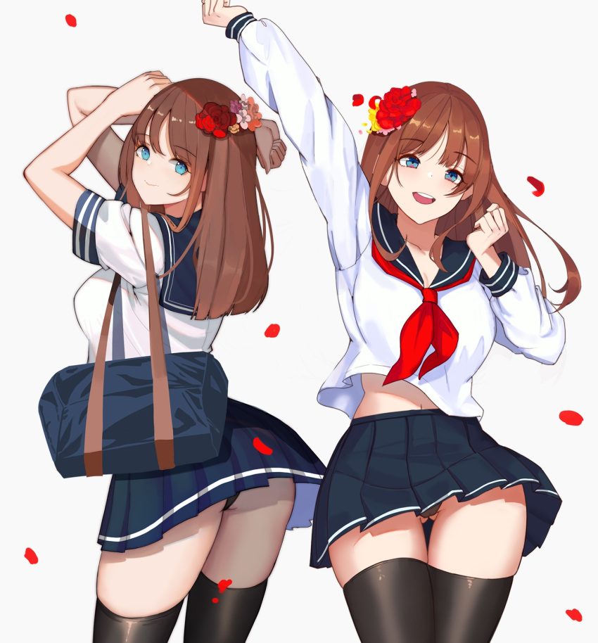 1girl :d arm_up ass bag bangs black_legwear black_panties blue_eyes blue_sailor_collar blue_skirt breasts brown_hair closed_mouth eyebrows_visible_through_hair flower from_behind gg-e hair_flower hair_ornament highres holding holding_bag legs_together long_hair looking_at_viewer looking_back miniskirt multiple_views neckerchief open_mouth original panties petals pleated_skirt red_neckwear sailor_collar school_bag school_uniform serafuku shirt short_sleeves simple_background skirt skirt_lift sleeve_cuffs smile thigh-highs thigh_gap underwear upper_teeth white_background white_shirt wind wind_lift