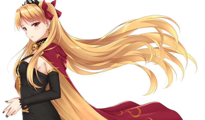 1girl bangs black_dress black_nails black_sleeves blonde_hair blurry_foreground bow cape detached_sleeves diadem dress earrings ereshkigal_(fate/grand_order) floating_hair from_side hair_bow highres jewelry long_hair long_sleeves nail_polish petals print_cape red_bow red_cape red_eyes rko_(a470350510) shiny shiny_hair sleeveless sleeveless_dress solo standing striped striped_dress twintails very_long_hair white_background