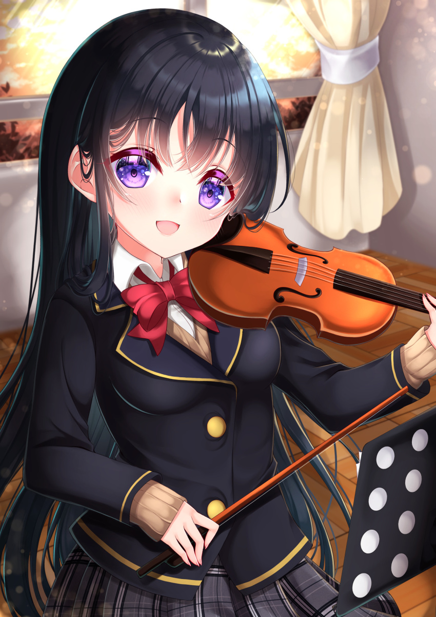 1girl :d bangs black_hair black_jacket blazer blurry blurry_background blush bow breasts brown_sweater collared_shirt commentary_request curtains depth_of_field dress_shirt eyebrows_visible_through_hair grey_skirt highres holding holding_instrument indoors instrument jacket long_hair long_sleeves mirai_(happy-floral) open_mouth original plaid plaid_skirt pleated_skirt red_bow shirt skirt sleeves_past_wrists small_breasts smile solo sweater very_long_hair violet_eyes violin white_shirt window wooden_floor