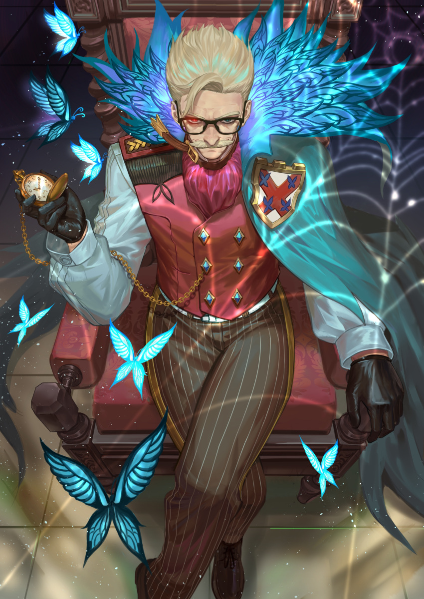 1boy absurdres ascot black_gloves blonde_hair brown_footwear brown_pants bug butterfly buttons cape chain chair closed_mouth collar crossed_legs facial_hair fate/grand_order fate_(series) glasses gloves glowing glowing_eye highres holding holding_pocket_watch iketsumi indoors insect james_moriarty_(fate/grand_order) long_hair looking_at_viewer male_focus mustache on_chair pants pocket_watch puffy_sleeves red_neckwear red_vest short_hair silk sitting sleeve_cuffs solo spider_web striped striped_pants vest watch