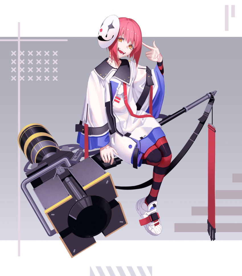 1boy :d earrings finger_gun finger_gun_to_head full_body full_body_tattoo hammer highres huge_weapon jacket jewelry looking_at_viewer male_focus mask mask_on_head open_mouth original pantyhose pink_hair shoes smile sneakers solo striped striped_legwear tattoo teeth tsuki-shigure weapon yellow_eyes