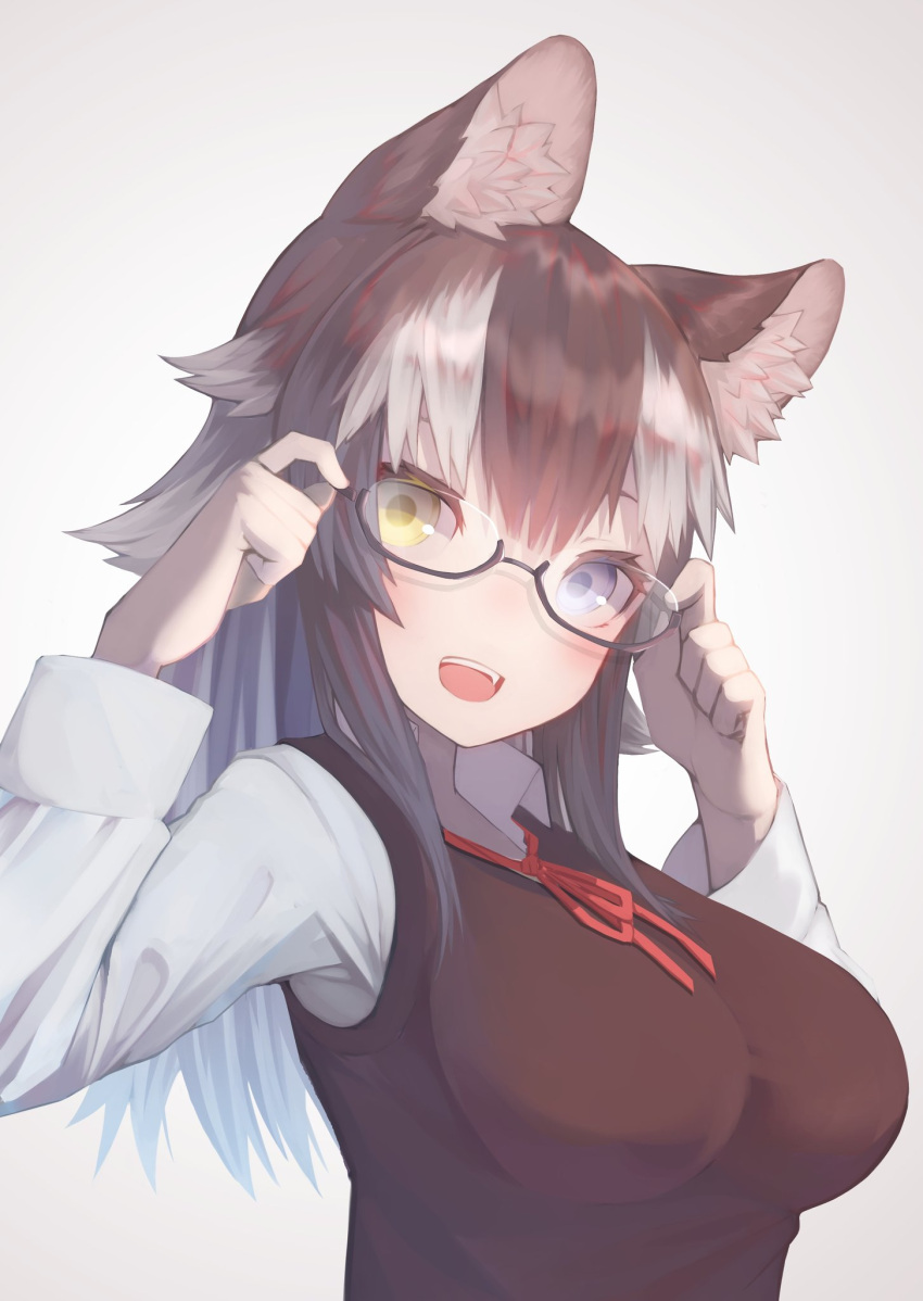 1girl adjusting_eyewear alternate_costume alternate_eye_color animal_ear_fluff animal_ears black_hair black_vest blue_eyes collared_shirt commentary_request eyebrows_visible_through_hair fang glasses grey_hair grey_wolf_(kemono_friends) heterochromia highres kemono_friends long_hair long_sleeves looking_at_viewer multicolored_hair neck_ribbon open_mouth red_neckwear ribbon shirt solo st.takuma upper_body vest white_hair wolf_ears wolf_girl yellow_eyes