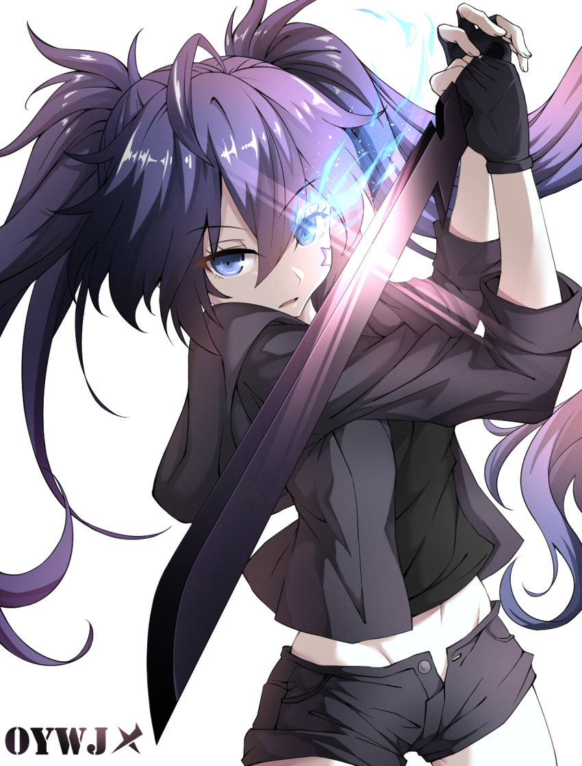 1girl ahoge alternate_costume artist_name asymmetrical_hair bangs black_gloves black_jacket black_rock_shooter black_rock_shooter_(character) black_shirt black_shorts blue_eyes blue_hair cowboy_shot eyebrows_visible_through_hair facial_mark fingerless_gloves floating_hair gloves gradient_hair groin hair_between_eyes highres holding holding_sword holding_weapon hood hood_down hooded_jacket jacket katana long_hair long_sleeves looking_at_viewer midriff multicolored_hair navel open_clothes open_jacket open_mouth open_shorts oywj purple_hair shiny shiny_hair shirt short_shorts shorts simple_background solo stance standing stomach sword twintails very_long_hair weapon white_background
