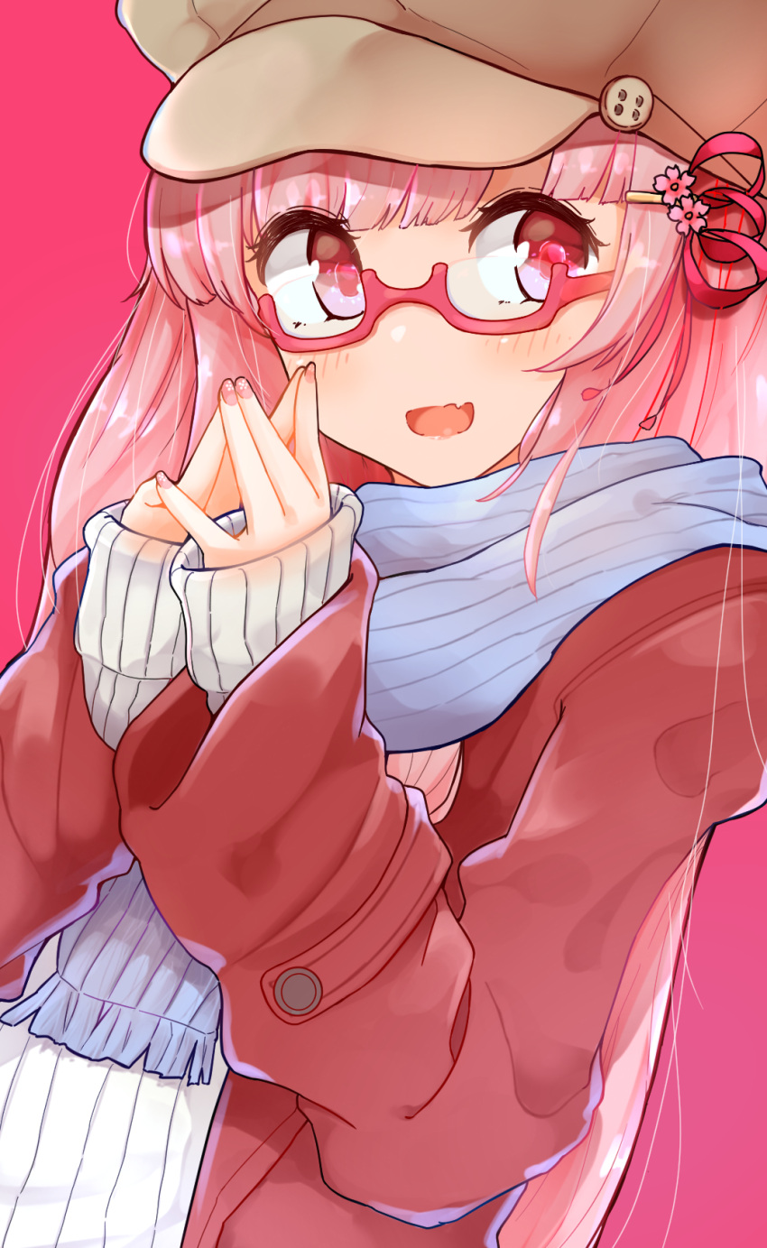1girl :d blue_scarf brown_headwear cabbie_hat commentary_request fang flower fringe_trim glasses hair_flower hair_ornament hair_ribbon hairclip hands_up hat highres jacket kotonoha_akane long_hair long_sleeves looking_at_viewer open_clothes open_jacket open_mouth pink_background pink_flower pink_hair red-framed_eyewear red_background red_eyes red_jacket red_ribbon ribbed_sweater ribbon scarf semi-rimless_eyewear simple_background sleeves_past_wrists smile solo sweater under-rim_eyewear upper_body very_long_hair voiceroid white_sweater yusake_san