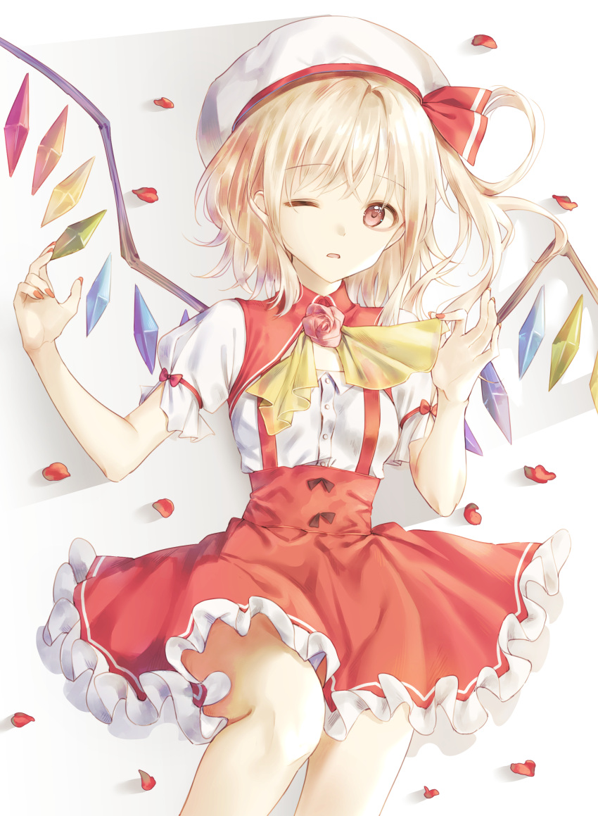 1girl absurdres ascot bangs beret blonde_hair breasts cha_chya commentary crystal eyebrows_visible_through_hair feet_out_of_frame flandre_scarlet flower hands_up hat hat_ribbon highres looking_at_viewer miniskirt nail_polish one_eye_closed one_side_up parted_lips petals petticoat pink_flower pink_rose puffy_short_sleeves puffy_sleeves red_eyes red_nails red_ribbon red_skirt ribbon rose rose_petals shirt short_hair short_sleeves simple_background skirt small_breasts solo suspenders touhou white_background white_headwear white_shirt wings yellow_neckwear