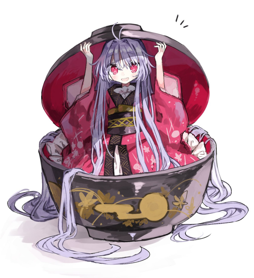 /\/\/\ 1girl absurdly_long_hair bangs bowl bowl_hat hat highres in_bowl in_container japanese_clothes kimono long_hair long_sleeves looking_at_viewer minigirl obi open_mouth purple_hair red_eyes red_kimono sash simple_background smile solo standing sukuna_shinmyoumaru toosaki touhou very_long_hair white_background wide_sleeves