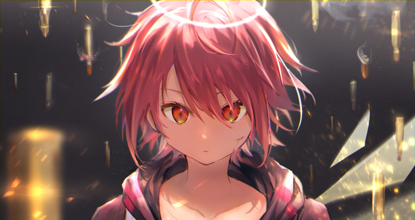 1girl arknights blood blood_on_face bullet closed_mouth collarbone expressionless exusiai_(arknights) face glass_shards hair_between_eyes halo looking_at_viewer omelet_tomato red_hoodie redhead scar shattered short_hair solo
