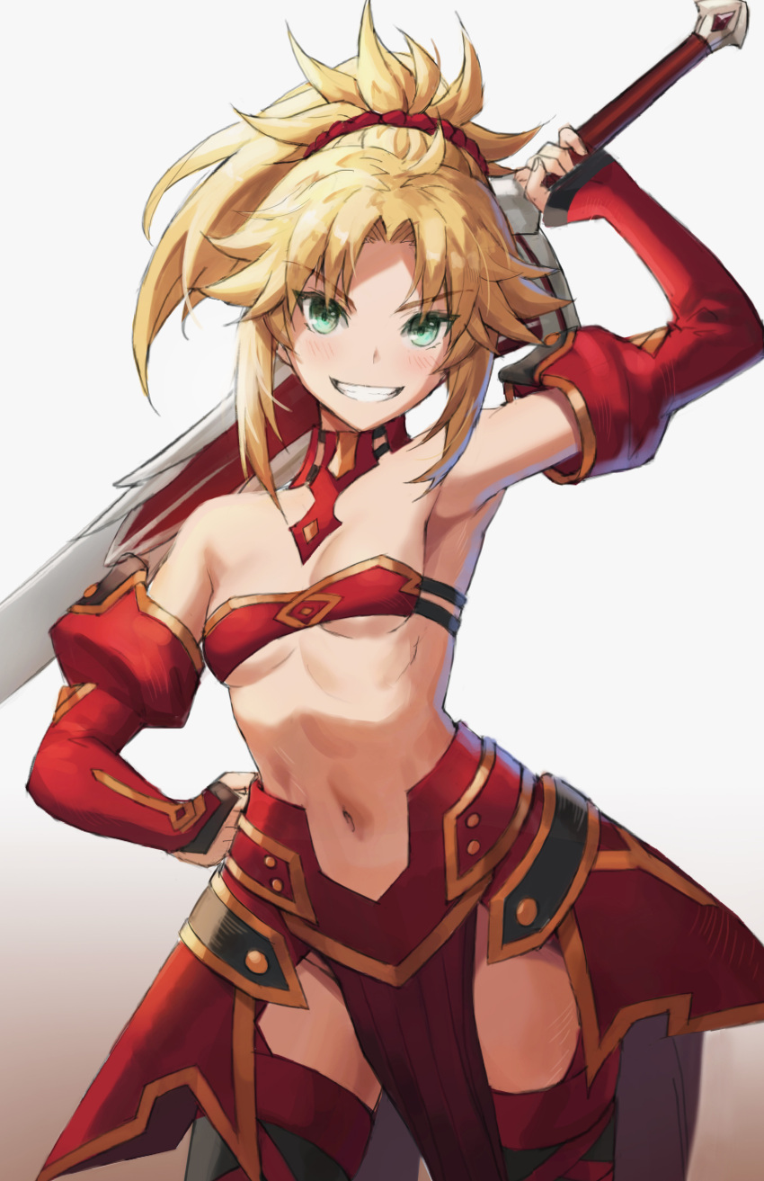 1girl absurdres bandeau bangs bare_shoulders blonde_hair blush braid breasts bridal_gauntlets clarent collarbone detached_sleeves fate/apocrypha fate_(series) french_braid gradient gradient_background green_eyes grin hair_ornament hair_scrunchie hand_on_hip highres long_hair looking_at_viewer mordred_(fate) mordred_(fate)_(all) navel parted_bangs pelvic_curtain ponytail red_scrunchie scrunchie sidelocks small_breasts smile solo sword thighs tonee v-shaped_eyebrows weapon white_background