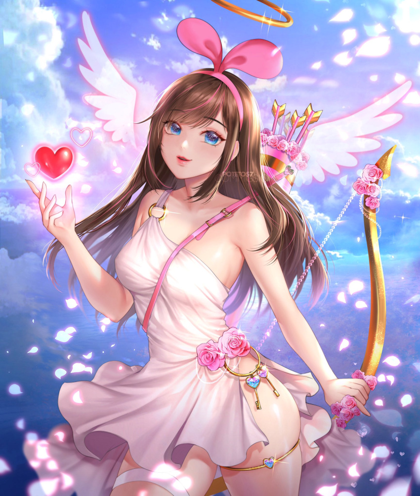 1girl a.i._channel alternate_costume arrow bangs bare_shoulders between_breasts blue_eyes blue_sky bow_(weapon) breasts brown_hair clouds commentary commission cowboy_shot cupid dress english_commentary eyebrows_visible_through_hair flower hairband hand_up heart highres key kizuna_ai long_hair looking_at_viewer medium_breasts o-ring parted_lips petals pink_hairband potetos7 quiver side_slit single_strap sky smile solo strap_between_breasts thighlet weapon white_dress wings