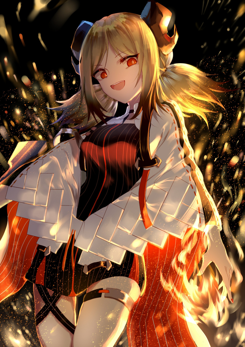1girl absurdres arknights black_background blonde_hair cloak dress embers fang fire grin highres horns ifrit_(arknights) long_sleeves looking_at_viewer miniskirt nail_polish ranol1215 red_eyes short_dress skirt smile solo_focus strap thighs twintails