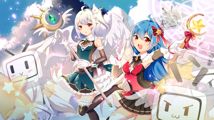 2girls :&gt; :3 :d :o ahoge bare_shoulders bili_girl_22 bili_girl_33 bilibili_douga black_footwear black_legwear black_skirt black_sleeves blue_dress blue_hair blush boots bow breasts commentary_request detached_sleeves dress feathered_wings gloves grey_hair hair_bow high_heel_boots high_heels highres holding holding_staff long_hair long_sleeves looking_at_viewer magic_circle multiple_girls one_side_up open_mouth outstretched_arm parted_lips petals pleated_skirt red_bow red_eyes skirt sleeveless sleeveless_dress small_breasts smile staff standing standing_on_one_leg star strapless thigh-highs thigh_boots upper_teeth very_long_hair white_gloves white_wings wings xianguang xiao_dianshi