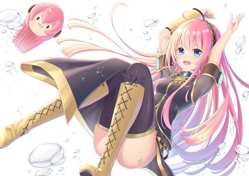 2girls ahoge armband arms_up asymmetrical_sleeves black_shirt black_skirt boots bubble full_body gold_footwear gold_trim grey_shirt hairband headset highres knee_boots knees_up long_hair looking_at_viewer lukaluka8814 megurine_luka multiple_girls octopus open_mouth pink_hair shirt single_sleeve skirt smile solid_oval_eyes swimming takoluka tentacles vocaloid white_background