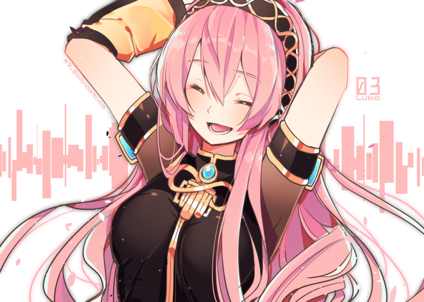 1girl amulet armband arms_up black_dress breasts character_name closed_eyes commentary dress gold_trim graphic_equalizer hairband hand_behind_head highres long_hair medium_breasts megurine_luka open_mouth pink_hair see-through_sleeves short_sleeves smile solo upper_body vocaloid wanaxtuco white_background