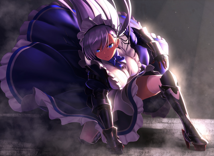 1girl apron armor azur_lane belfast_(azur_lane) braid breasts clenched_hand frilled_apron frilled_gloves frills gauntlets gloves greenkohgen highres large_breasts long_hair maid maid_apron maid_headdress silver_hair solo white_apron