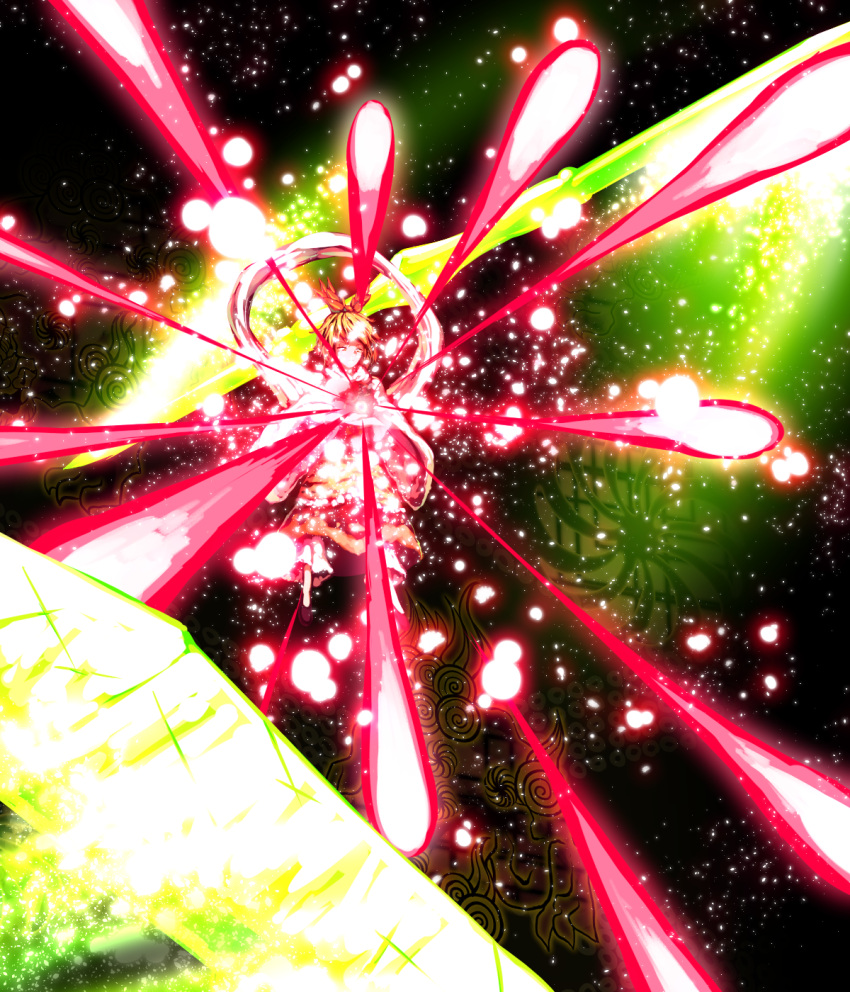 1girl abstract_background bishamonten's_pagoda bishamonten's_spear blonde_hair closed_mouth danmaku floating full_body glowing highres holding holding_weapon light_particles looking_down open_eyes short_hair solo spell_card sunyup toramaru_shou touhou undefined_fantastic_object weapon wide_sleeves