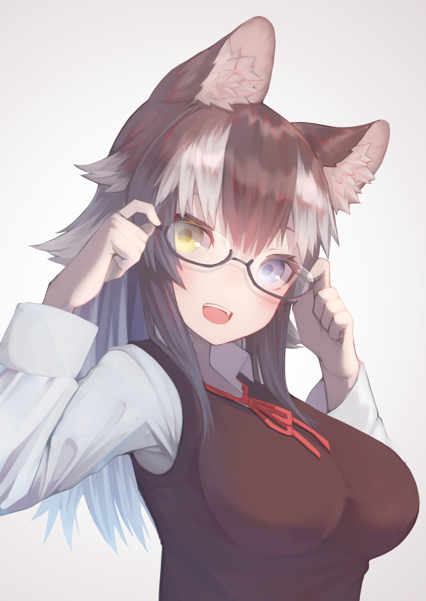 1girl absurdres alternate_costume animal_ears bangs bespectacled black_hair blue_eyes breasts collared_shirt glasses grey_hair grey_wolf_(kemono_friends) hair_between_eyes hands_on_eyewear hands_up heterochromia highres impossible_clothes kemono_friends long_hair long_sleeves looking_at_viewer medium_breasts multicolored_hair neck_ribbon open_mouth ribbon semi-rimless_eyewear shirt simple_background smile solo st.takuma sweater_vest two-tone_hair under-rim_eyewear upper_body white_background white_shirt wing_collar wolf_ears yellow_eyes