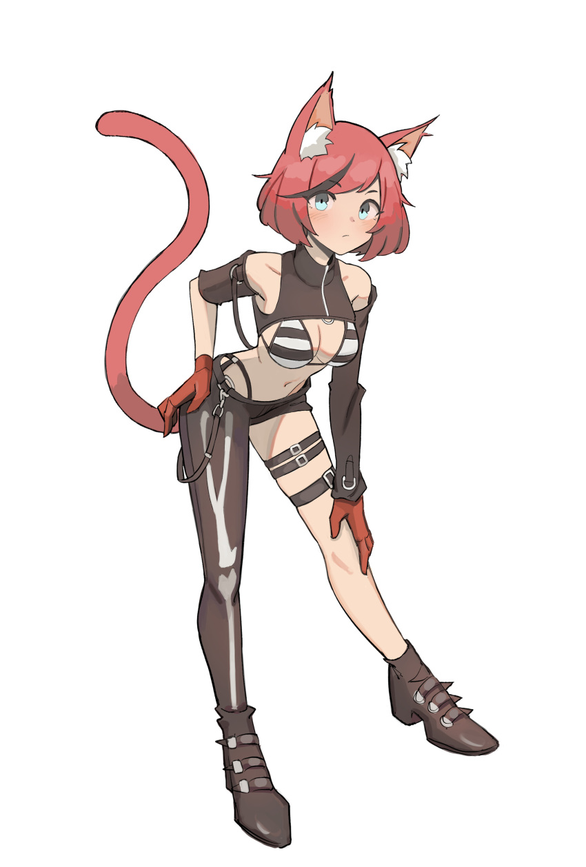 1girl absurdres animal_ear_fluff animal_ears ankle_boots aqua_eyes asymmetrical_clothes bikini black_legwear blue_eyes blush boots bow breasts cat cat_ears cat_girl cat_tail closed_mouth commission full_body gloves highres kiritzuguart leather leather_pants looking_at_viewer original pants red_gloves redhead shoes short_hair single_pantsleg solo swimsuit tail tail_bow tail_raised thigh_strap white_background