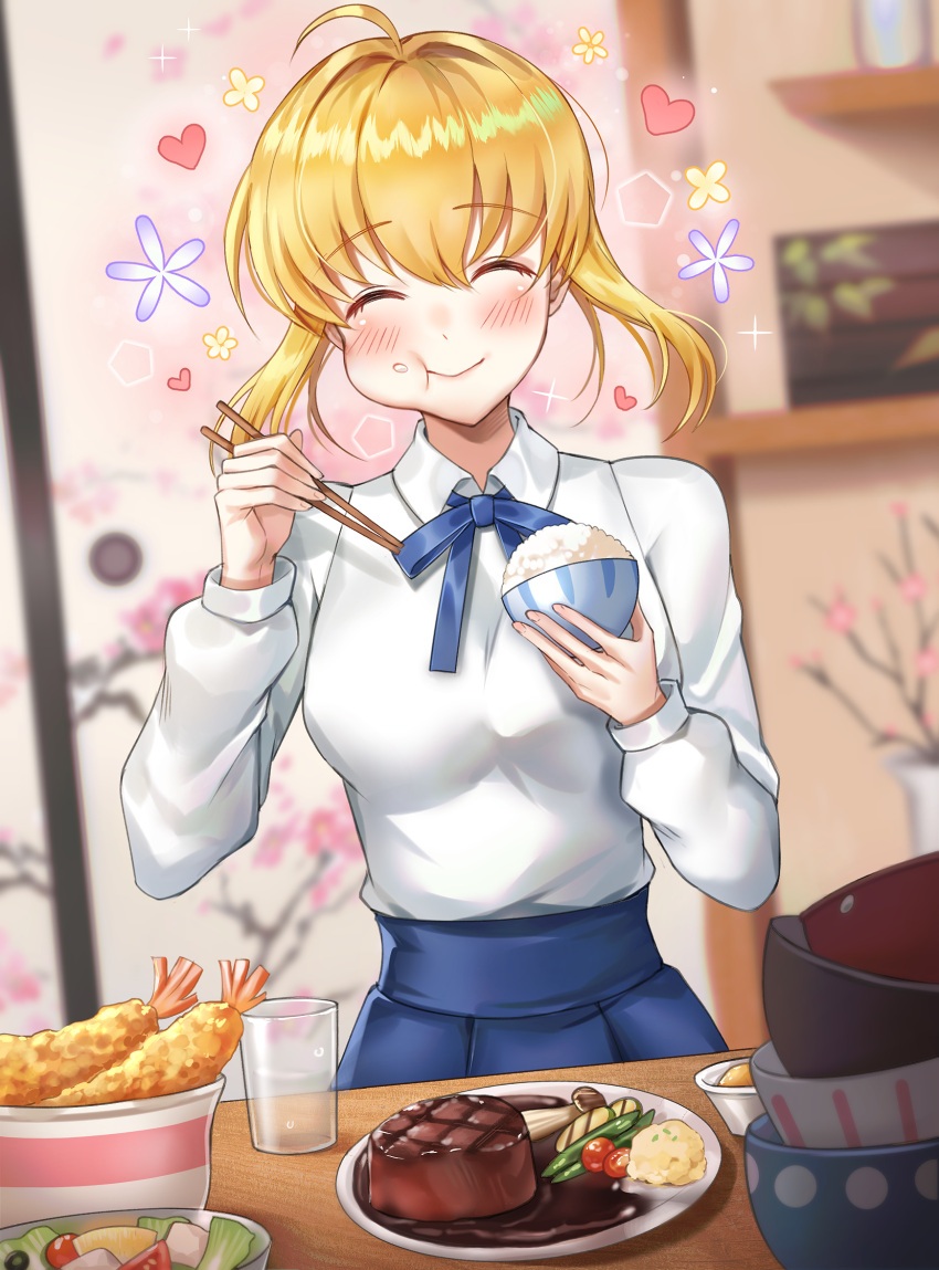 1girl ahoge artoria_pendragon_(all) bangs blonde_hair blue_neckwear blue_ribbon blue_skirt blush bowl breasts chopsticks commentary_request eating eyebrows_visible_through_hair fate/grand_order fate_(series) food heart highres holding holding_bowl holding_chopsticks indoors large_breasts long_sleeves looking_at_viewer ribbon rice shirt short_hair skirt smile solo table ubi_(ekdus6080) white_shirt