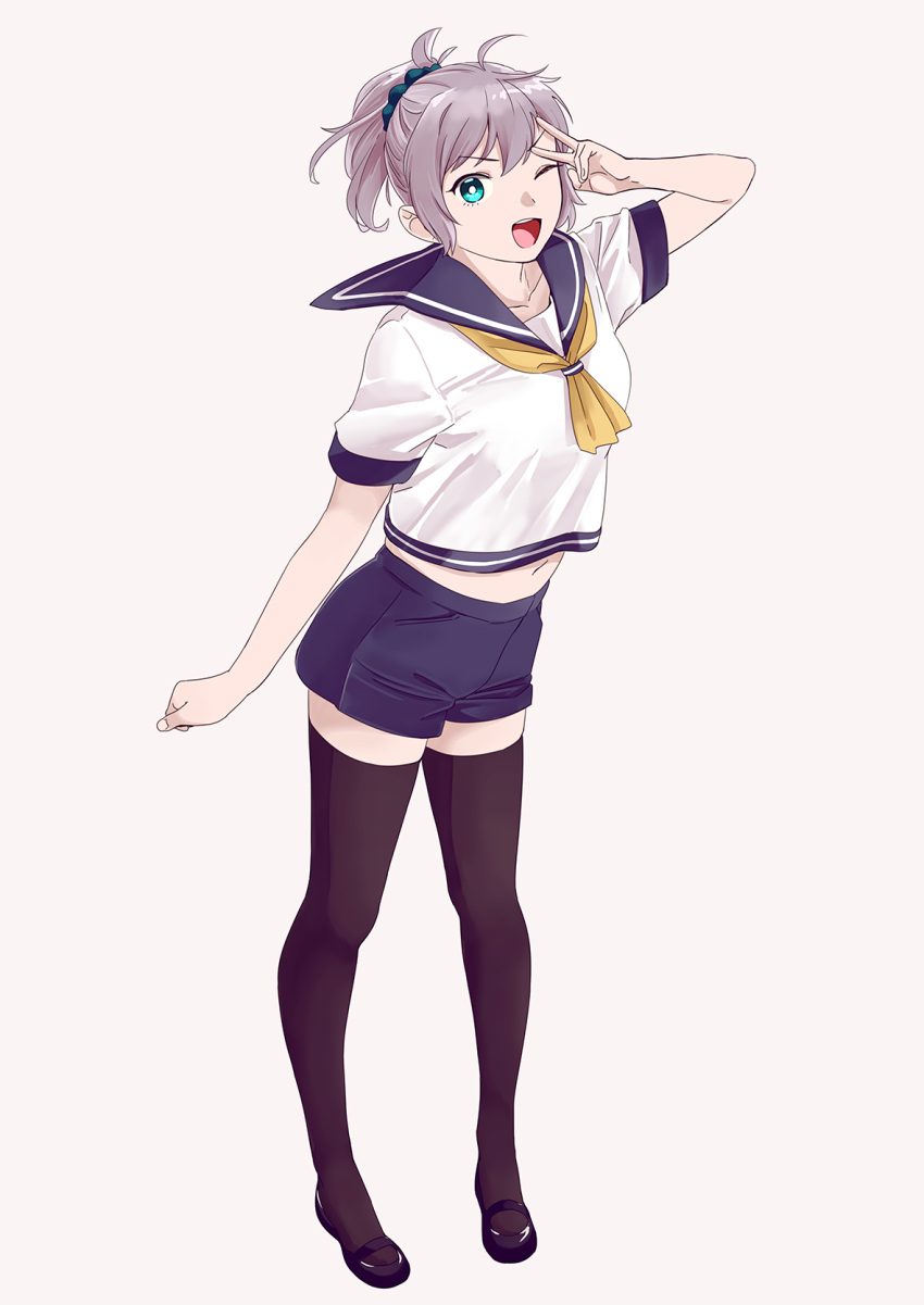 1girl aoba_(kantai_collection) black_legwear black_sailor_collar black_shorts blue_eyes blue_scrunchie full_body grey_background highres kantai_collection messy_hair neckerchief ojipon ponytail purple_hair sailor_collar school_uniform scrunchie serafuku shorts simple_background solo standing thigh-highs yellow_neckwear