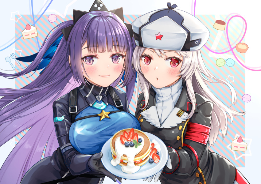 1girl 2girls akasaka_asa ash_arms blush breasts cake commentary_request food fruit gloves hair_ornament hat highres kv-1_(ash_arms) looking_at_viewer military military_uniform multiple_girls pancake plate purple_hair red_eyes silver_hair uniform violet_eyes