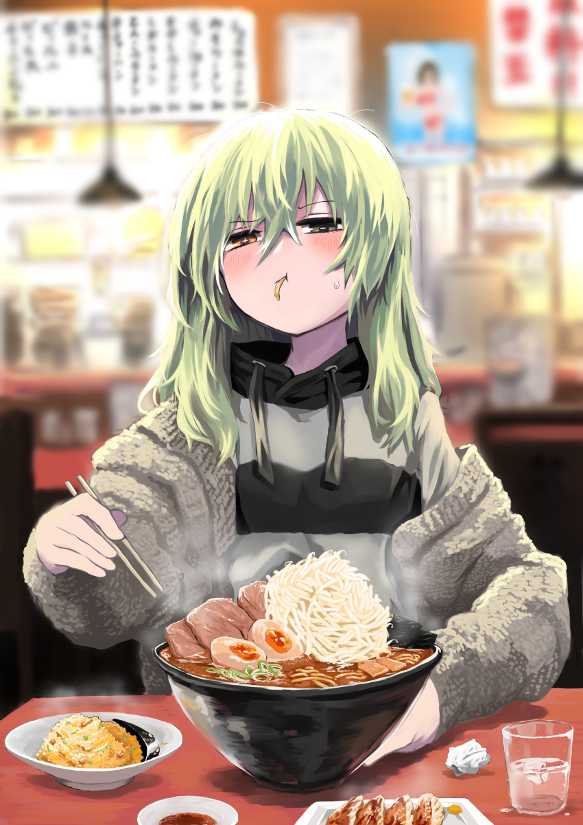 1girl absurdres blush brown_eyes chopsticks cup drinking_glass dumpling food food_in_mouth fried_rice green_eyes green_hair hair_between_eyes hetero highres jiaozi kamatama long_hair looking_at_viewer noodles original ramen solo sweatdrop water