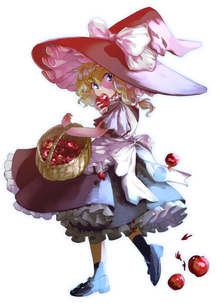 1girl absurdres apple apron basket black_footwear black_headwear black_skirt blonde_hair bow eating fingernails food from_side fruit full_body grey_eyes hair_bow hat hat_bow highres holding holding_food holding_fruit kinosaki kirisame_marisa long_hair looking_at_viewer mushroom puffy_short_sleeves puffy_sleeves shoes short_sleeves simple_background single_sidelock skirt skirt_set socks solo touhou walking white_background white_bow witch_hat